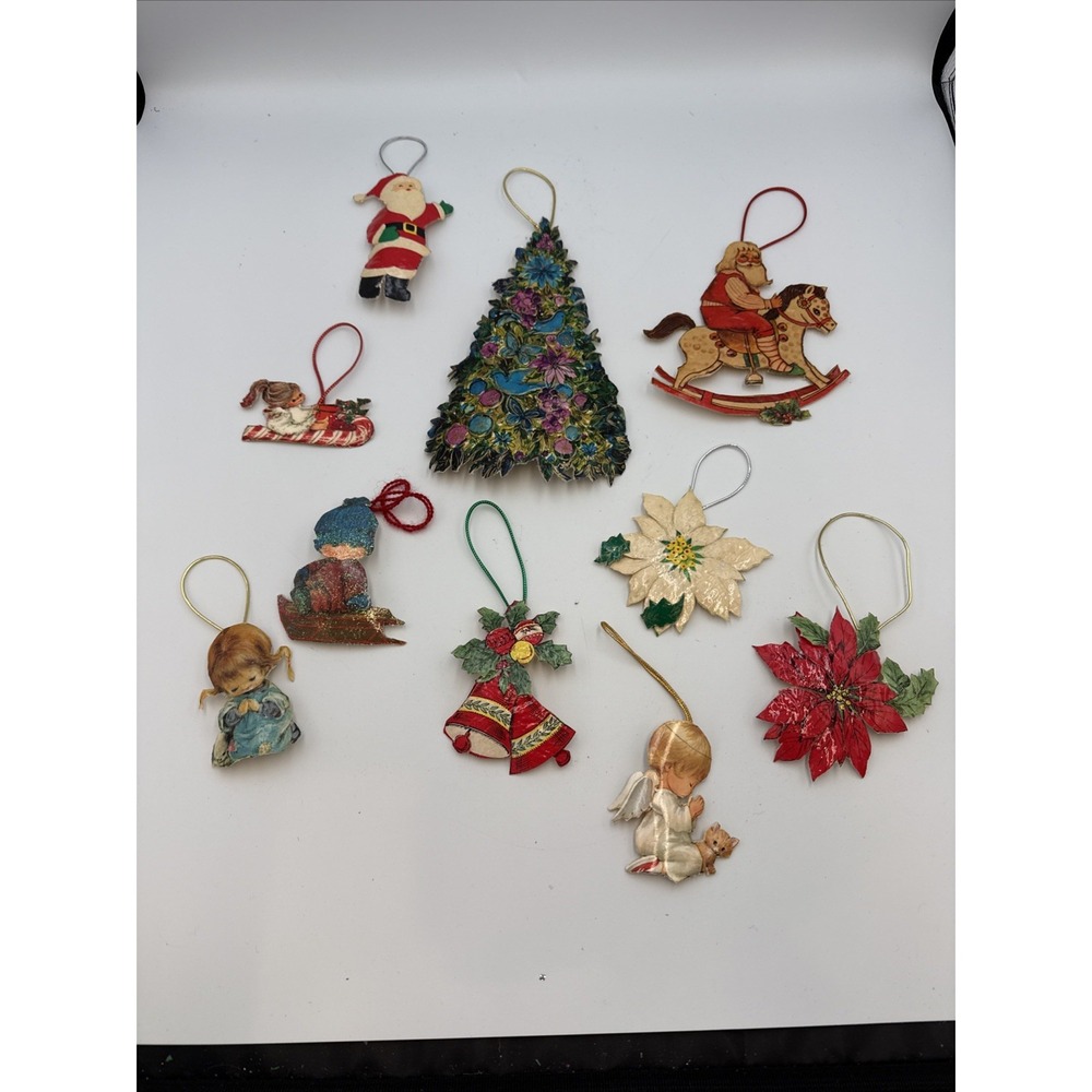 Lot Of‎ 10 Handmade Vintage Christmas Ornaments Cut From Wrapping Paper/hardened